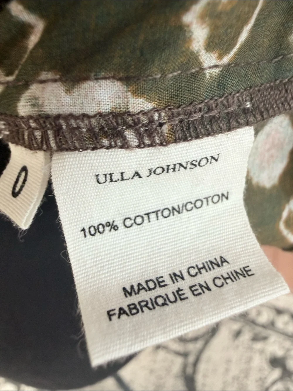 Ulla Johnson Size 0 Cotton Puff Sleeve Peplum Blouse Olive Pink Print